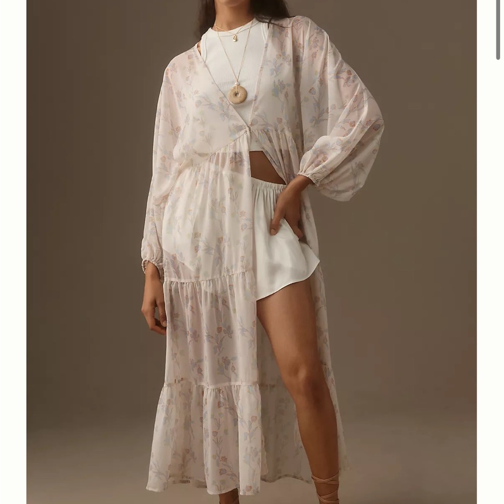 Anthropologie Light Pink Sheer Floral Tiered Maxi Dress Duster